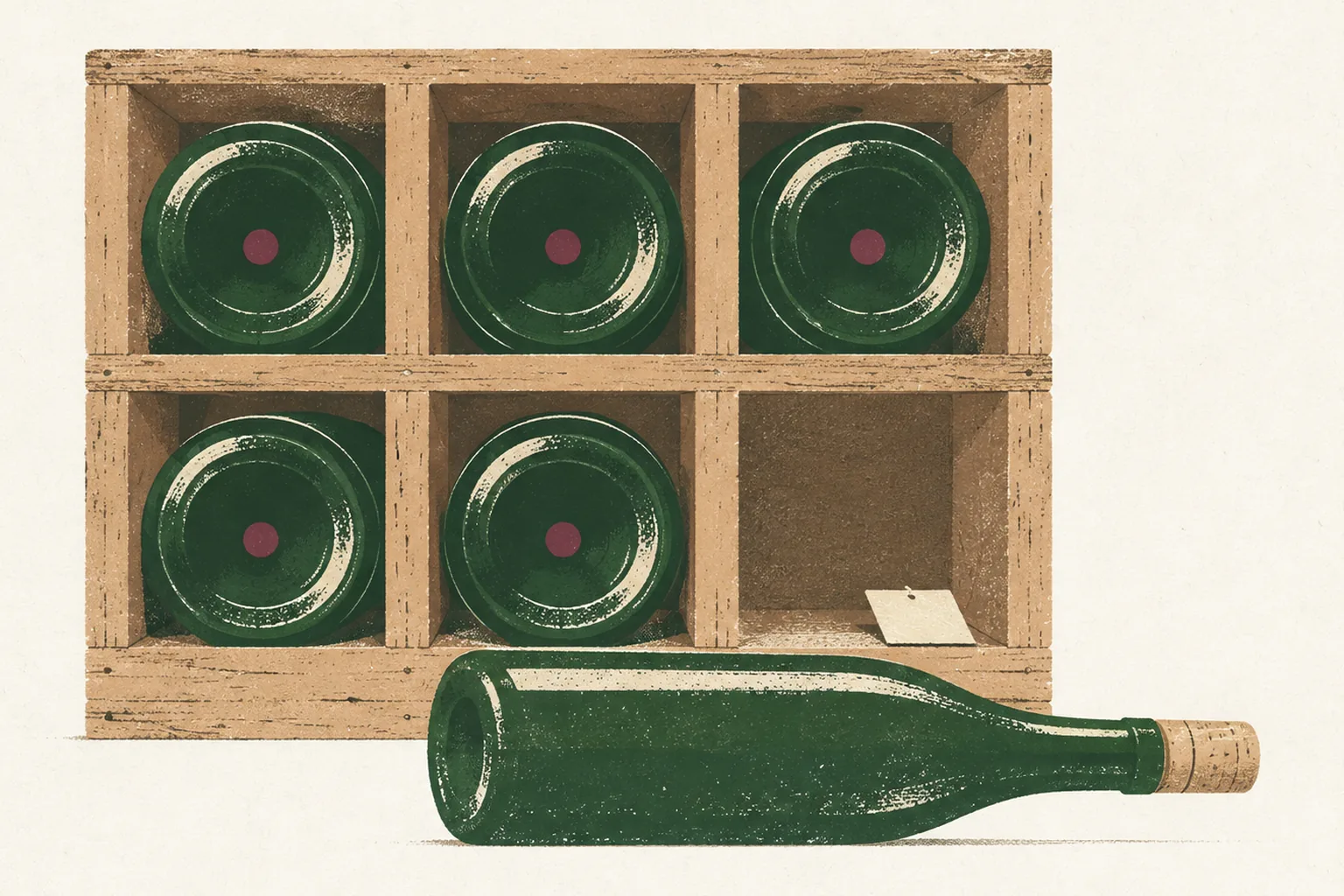 A six-bin wine rack with one bin empty and its bottle laid out in front, a blank bin tag left on the ledge