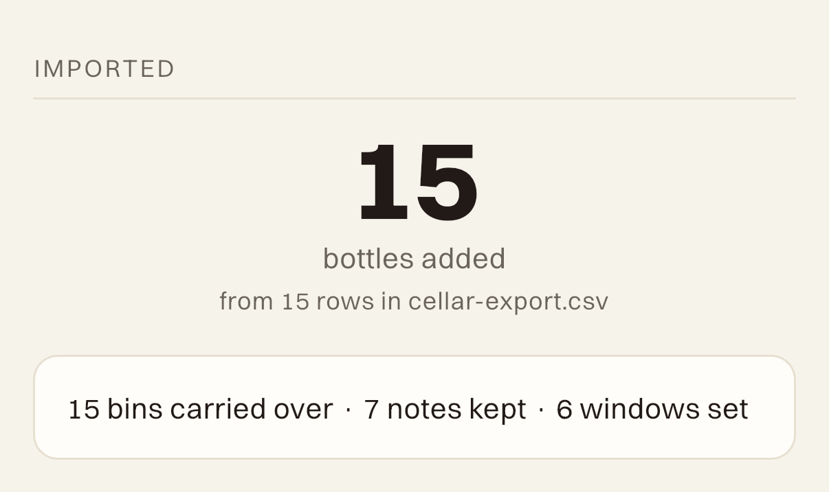 Everycork CSV import report with bottles added and a row to review
